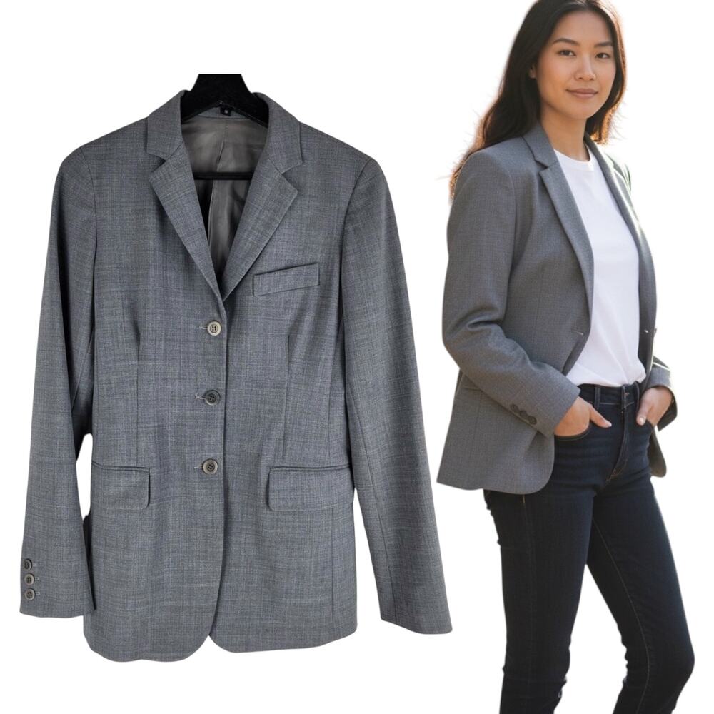 Theory Wool Three Button Blazer Gray Lined Sealed Pockets Size S